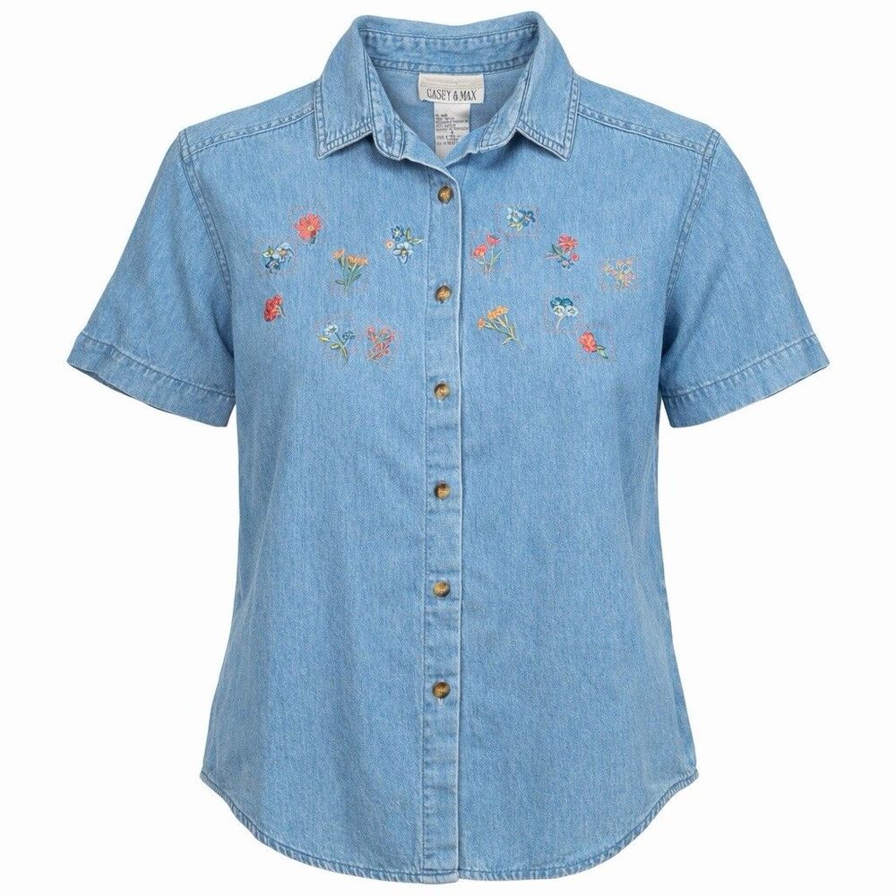 Vintage Casey & Max Embroidered Denim Shirt Floral Cottagecore Grandma Core S